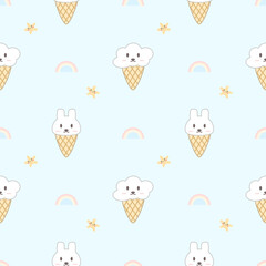 Ice cream face rabbit and cloud. Cartoon so cute. On rainbow star and light blue background. Pattern seamless vector illustration.
