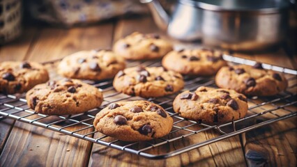 Golden Brown Chocolate Chip Cookies on a Wire Rack Cooling on a Rustic Wooden Table