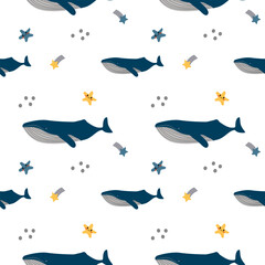 Whale in the space cartoon so cute. On star and white background. Pattern seamless vector illustration.
