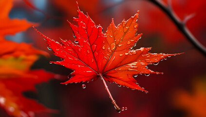 Autumn background with a red maple leaf with water drops on it