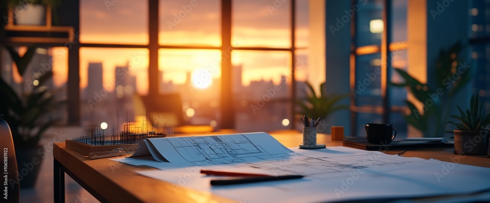 Poster Architectural blueprints and a red pencil on a table near a window with a sunset view over a city.