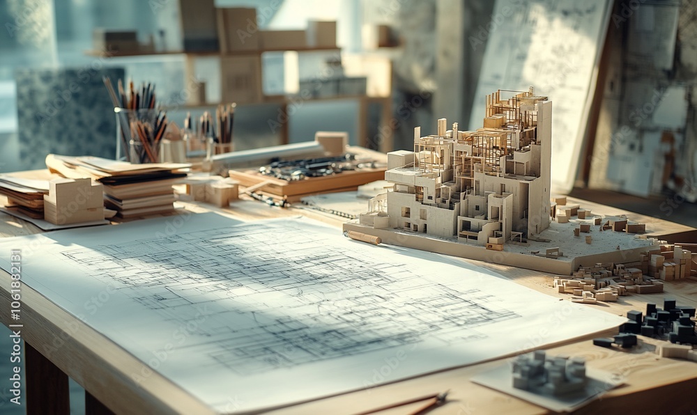 Poster architectural model and blueprint on a wooden table with pencils and other tools.