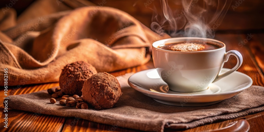 Poster a steaming cup of coffee and two decadent chocolate truffles rest on a rustic wooden surface, inviti