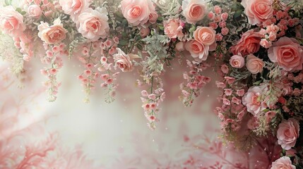 Elegant pink rose floral arrangement cascading delicately from above enhancing serene backdrop