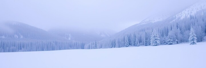 Fototapeta premium Snow covered landscape with trees and mountains in the background, tranquil, nature