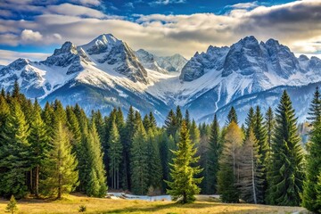 Fototapeta premium Snow-capped mountains in the background with a gentle forest landscape and a few trees in the foreground, majestic, woodsy atmosphere, forest, wilderness