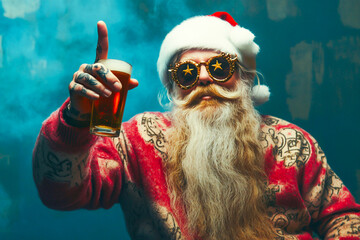  tattooed Santa Claus with a gray beard in a nontraditional jacket, wearing a red hat and sunglasses. He holds a beer mug and gives a peace sign