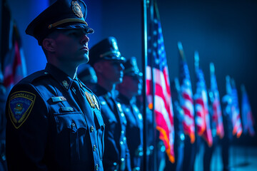 Officers at a memorial ceremony, honoring duty and service, patriotic gathering for freedom