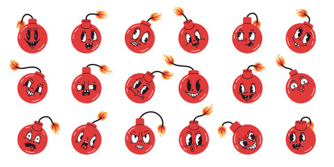 Cartoon bomb mascots. Funny bombs characters, comic bombshells with burning wick flat vector illustration set. Cute bombs with face emotions