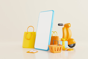 Online shopping via phone, there are baskets and bags and gifts around the phone, and there is a motorbike behind to deliver. 3D rendering.