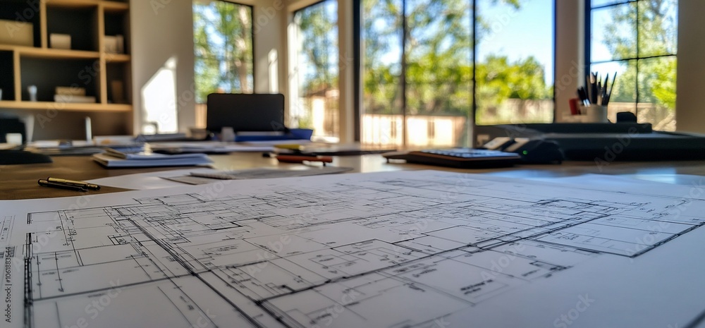 Poster Blueprint for a home on a table with sunlight streaming through large windows.