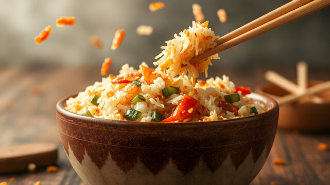 Veg Schezwan Fried Rice in black bowl at dark slate background.with chops sticks.