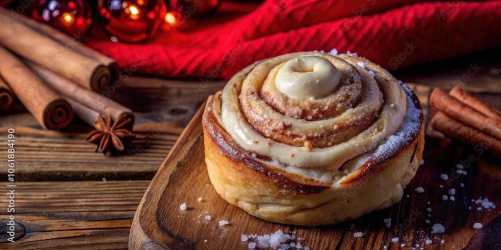 Poster sweet cinnamon roll with creamy glaze and a hint of winter spice on a rustic wooden board