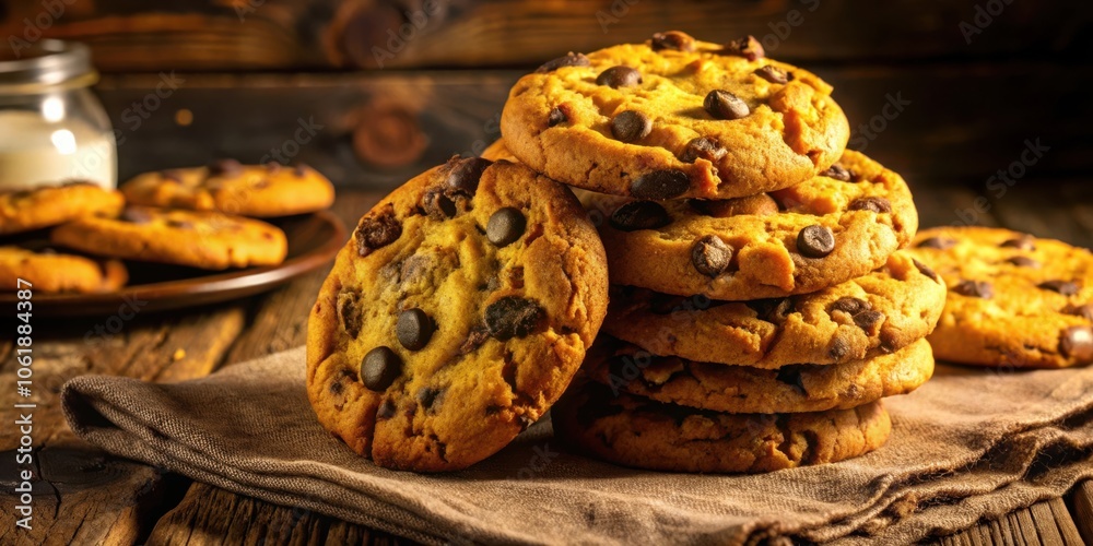 Poster a stack of golden brown chocolate chip cookies on a rustic linen cloth, with a warm, inviting glow