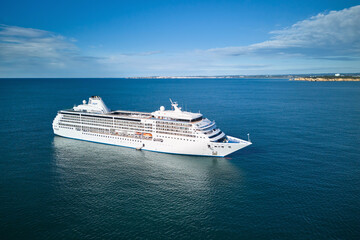 Aerial view of the large cruise ship Seven Seas Mariner near Algarve coast, Portugal