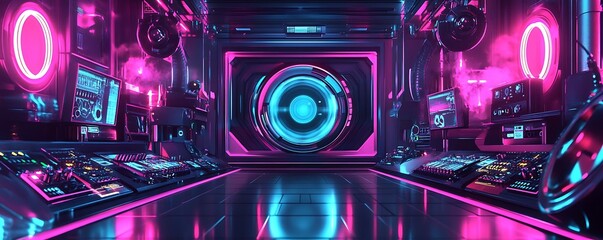 Futuristic neon-lit control room with glowing circular portal.