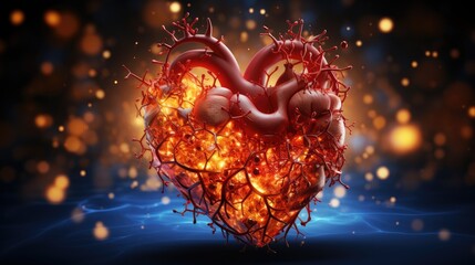 Realistic depiction of a beating heart with electrical impulses traveling through the cardiac conduction system, regulating heartbeat. Cardiology  