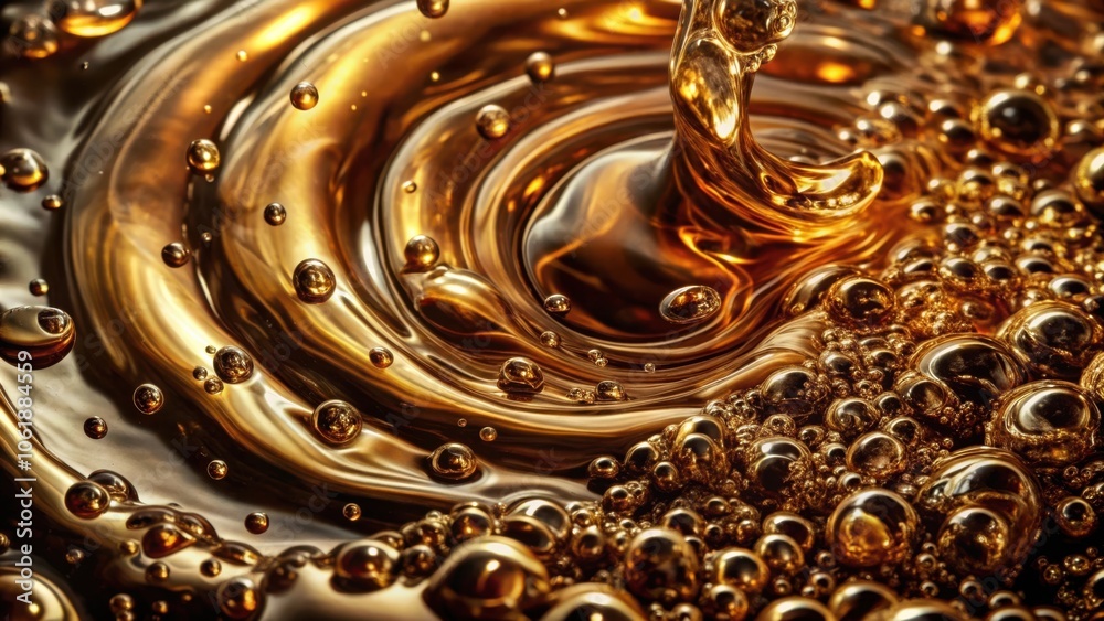 Poster A swirling vortex of golden liquid with a cascade of glistening bubbles, creating a mesmerizing display of fluid dynamics and intricate textures.