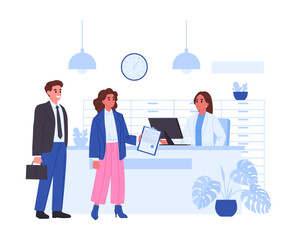 Patients at nurse station. Medical worker with patients, male and female patients at medical clinic flat vector illustration. Healthcare and medicine concept