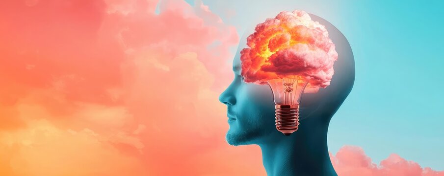A conceptual image showing a blue silhouette of a human head with a light bulb and explosive brain filled with vibrant colors against a colorful background.