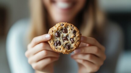 A woman is carefully holding a delicious chocolate chip cookie in her hands