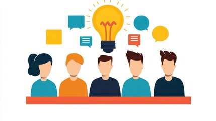 A group of diverse individuals brainstorming with a light bulb above, symbolizing creativity and teamwork in a collaborative environment.