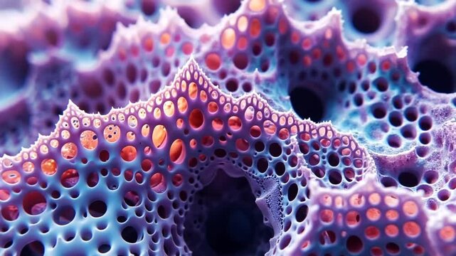 A close-up exploration of a colorful, porous organic material showcases intricate patterns, vibrant colors, and fascinating structural details, inviting scientific curiosity
