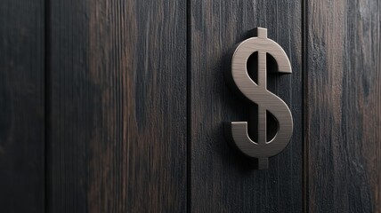 A metallic dollar sign mounted on a wooden surface, symbolizing finance and commerce in a rustic setting.