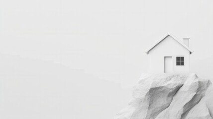 Fototapeta premium A minimalist white house sits atop a rocky cliff, surrounded by a foggy, serene atmosphere, conveying solitude and tranquility.