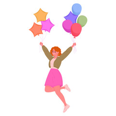 Woman floating with air balloons. Cartoon girl with colorful helium balloons in hands flat vector illustration. Cheerful female character jumping with balloons