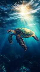 Obraz premium Graceful sea turtle glides through the deep blue ocean, surrounded by vibrant marine life and colorful coral reefs