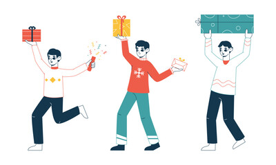 Xmas characters carrying xmas gifts boxes. Festive people with Christmas gifts, holidays gifts flat vector illustration. Happy folks with presents