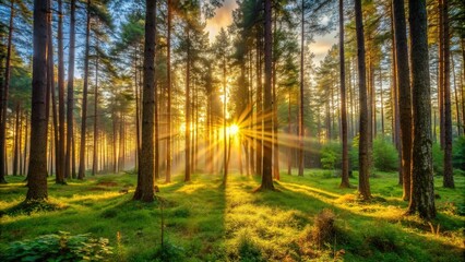 Fototapeta premium The sun's final rays cast a warm glow over a tranquil forest scene at dusk, branches, leaves