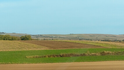 Obraz premium Agricultural fields with young green shoots of grain crops and plowed field without sowing. With trees in the background on the hills. Fallow concept. Alternation.