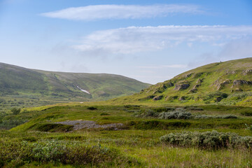 Landscape of the mountains and tundra near Berlevag, Norway in Finnmark region