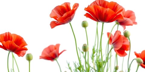 Vibrant bright red poppy flower standing out against a white background, vibrant, beauty