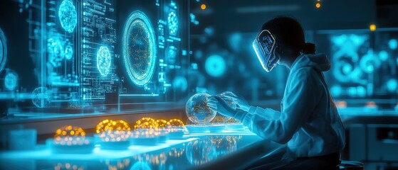 Obraz premium Futuristic Control Room Scene with Engineer Working on High-Tech Projects