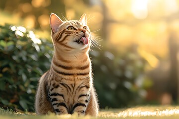 Fototapeta premium Playful Cat Sticking Out Its Tongue in Nature