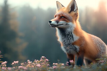 Naklejka premium Sly Fox in Blooming Meadow at Sunrise
