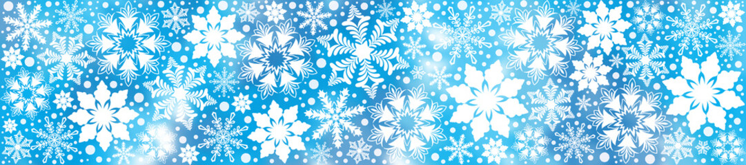 PrintPanoramic elegant snowflake background in cool blue colors. Snowflake wallpaper. Winter wonderland. Blizzard background. White snowflake wintry banner for social media or website.