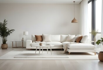 A modern living room with a large white sectional sofa, a white side table, and a beige area rug on a light hardwood floor.