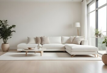 Naklejka premium A modern living room with a large white sectional sofa, a white side table, and a beige area rug on a light hardwood floor.