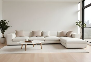 A modern living room with a large white sectional sofa, a white side table, and a beige area rug on a light hardwood floor.