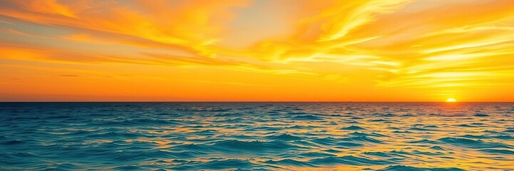 Vibrant teal blue ocean water with the warm colors of orange and yellow skies above, colorful, horizon