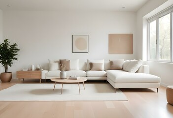 Fototapeta premium A modern living room with a large white sectional sofa, a white side table, and a beige area rug on a light hardwood floor.