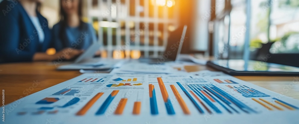 Aufkleber close up of a business report with bar charts on a desk with blurred business people in the backgrou