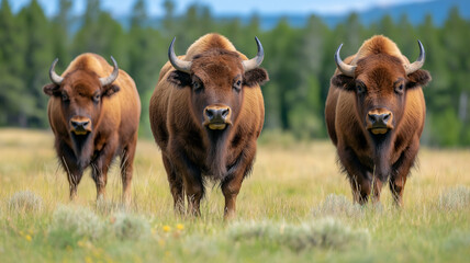 Fototapeta premium Bison grazing in lush green field, showcasing their majestic presence
