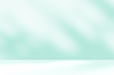 Empty turquoise bluish-green room studio with sunlight effect shadow of leaves. Minimal background for product presentation. Summer spring backdrop. Cosmetic and beauty products display room.