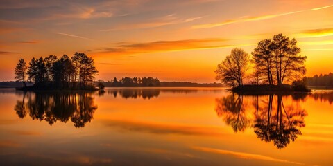 Obraz premium Warm orange hues cast over a serene lake at dusk, with silhouetted trees reflecting in the calm water, orange, warm, reflection, forest, soft