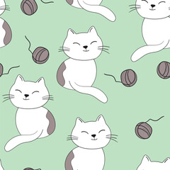 Seamless pattern with cute kitten print. Different scandy cats on color background. Scandinavian style illustration for kids. Vector illustration for fabric, textile, wallpaper, home clothing, pajama